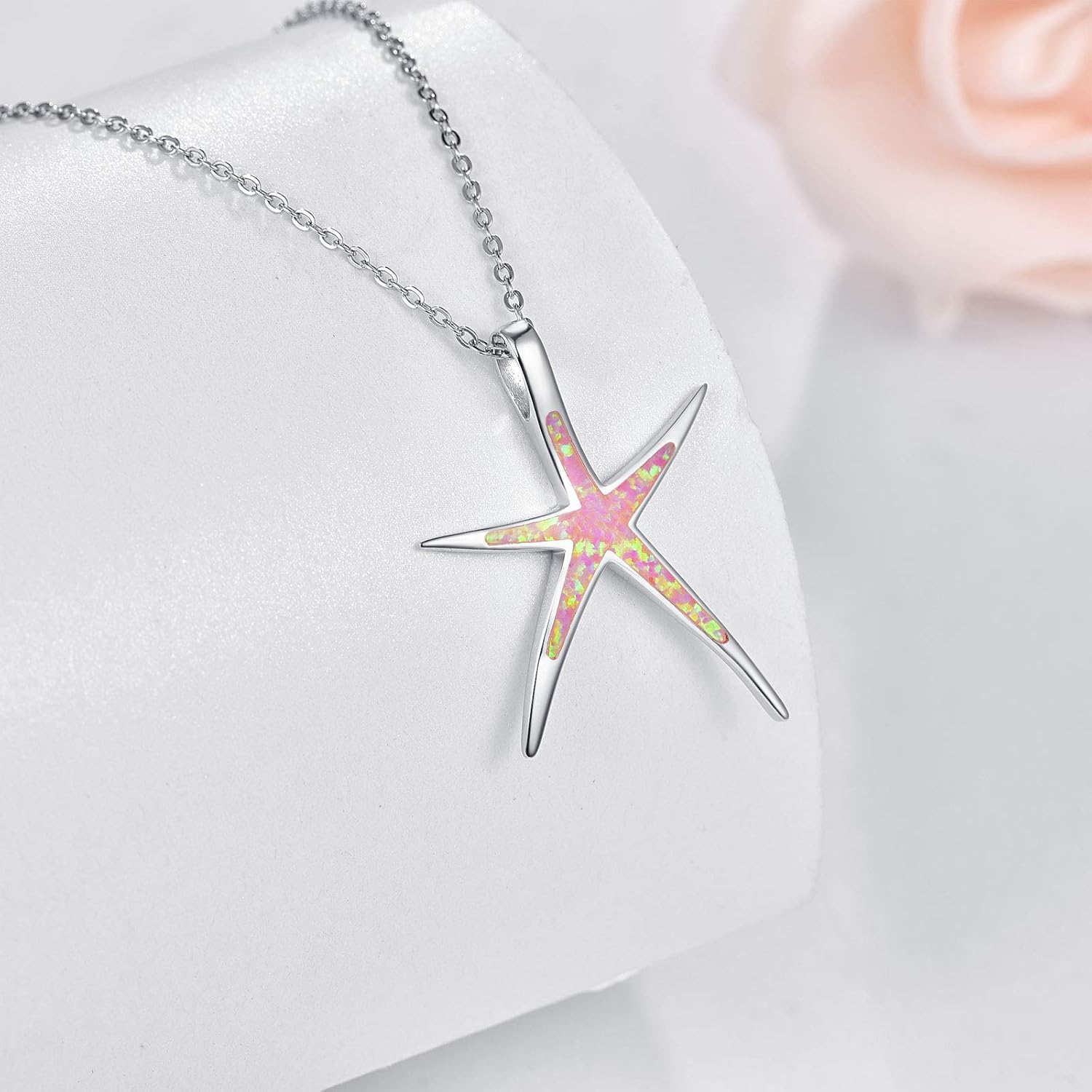 Starfish Necklace, 925 Sterling Silver with Opal, Hawaiian Beach Nautical Ocean Pendant, Starfish Jewelry Opal Jewelry Valentine for Women Girlfriend