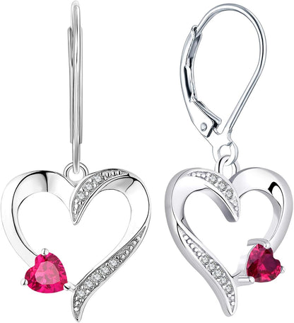 Heart Dangle Earrings 925 Sterling Silver Drop Earrings Birthstone Leverback Jewelry for Women