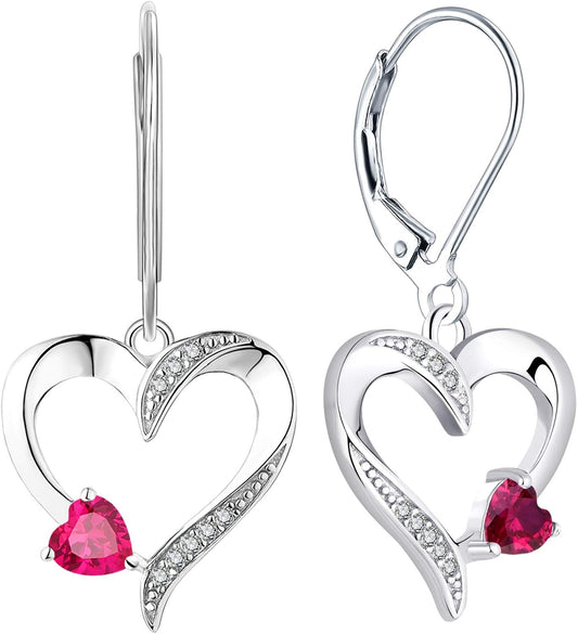 Heart Dangle Earrings 925 Sterling Silver Drop Earrings Birthstone Leverback Jewelry for Women