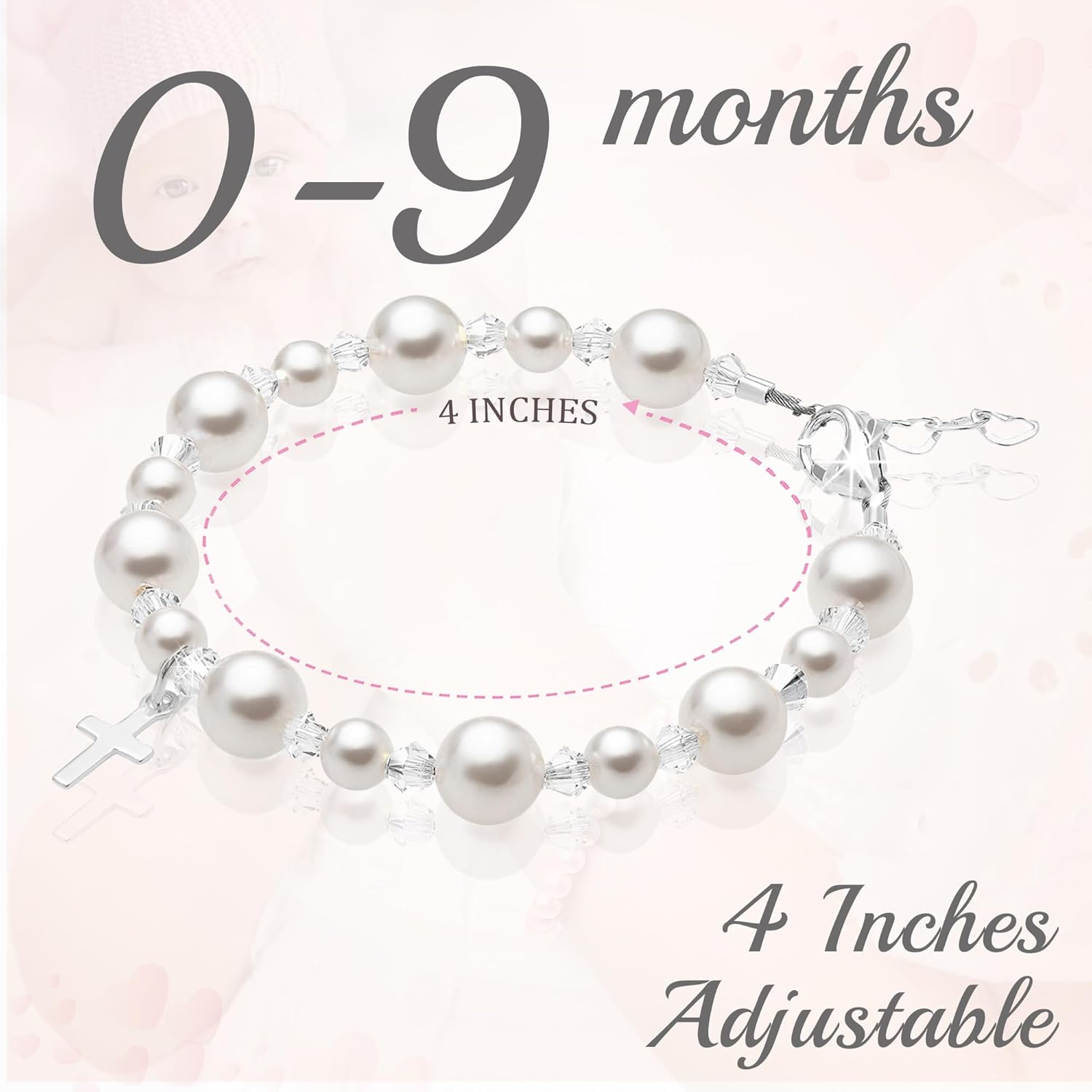 Pearl Bracelets for Girls, Sterling Silver Cross Charm, Baptism Gifts for Girl, Baby Bracelet with Simulated White Pearls and Crystals, Girls Jewelry Birthday Gift