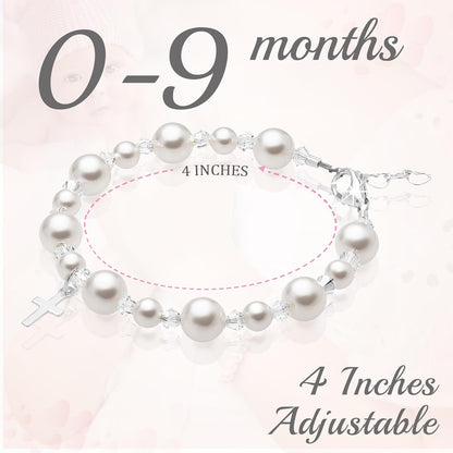 Pearl Bracelets for Girls, Sterling Silver Cross Charm, Baptism Gifts for Girl, Baby Bracelet with Simulated White Pearls and Crystals, Girls Jewelry Birthday Gift