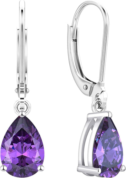 925 Sterling Silver Teardrop Dangle Drop Earrings for Women 7X10 MM Solitaire Birthstone Leverback Jewelry