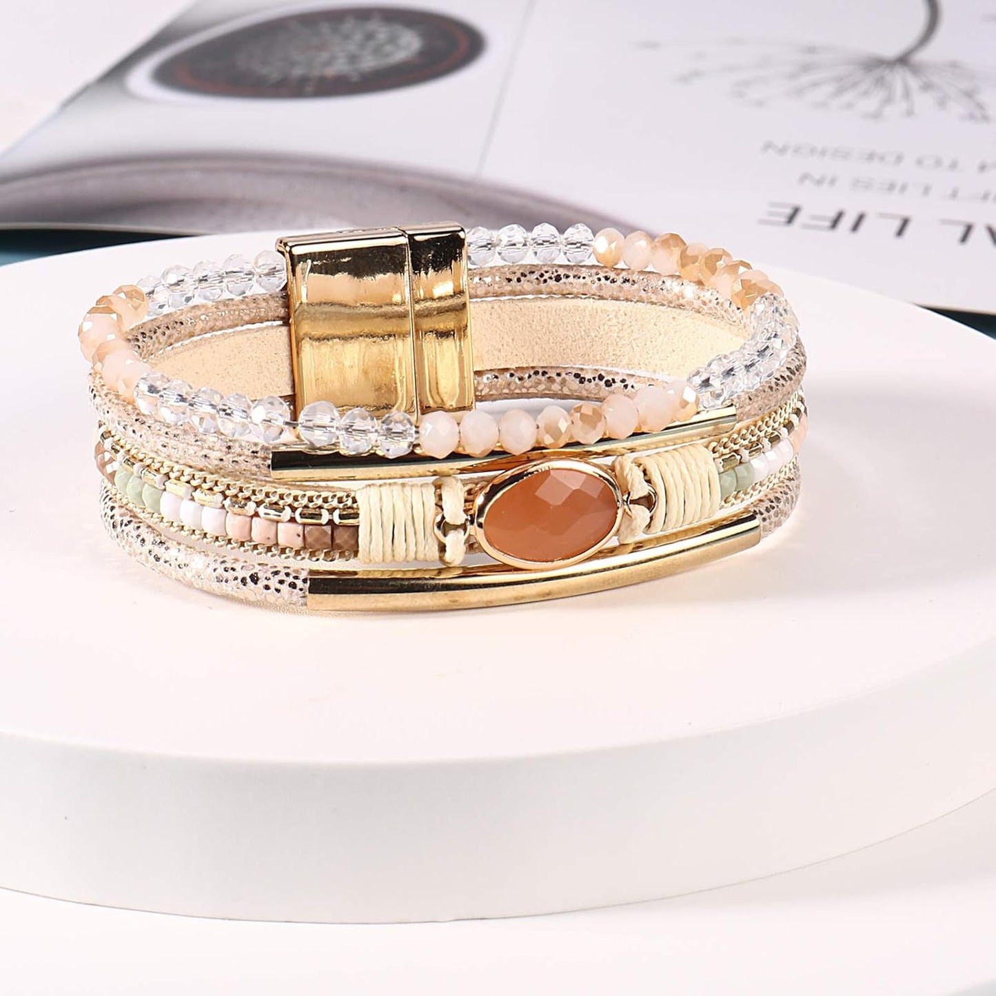 Leather Wrap Bracelets Crystal Beads Bracelet Boho Cuff Stone Charm Bracelets with Clasp Costume Jewelry for Women