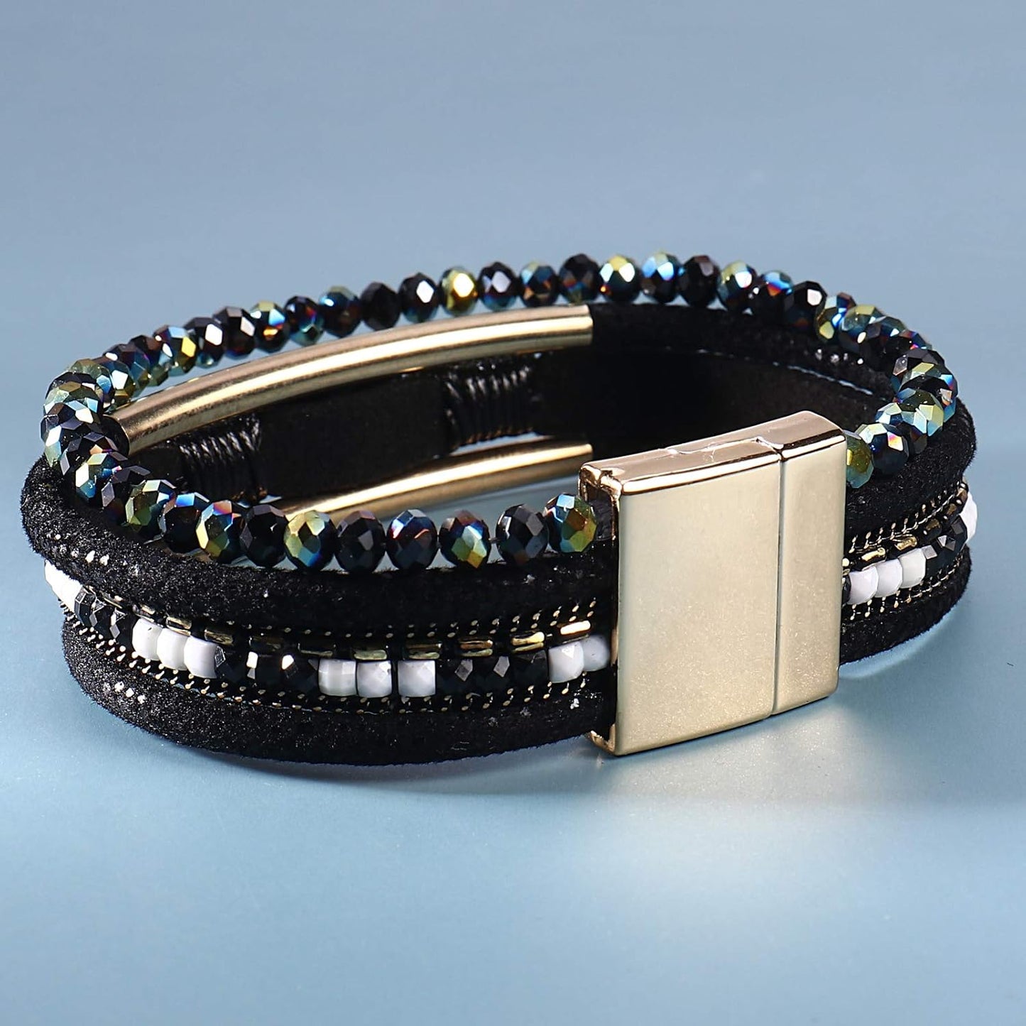 Leather Wrap Bracelets Crystal Beads Bracelet Boho Cuff Stone Charm Bracelets with Clasp Costume Jewelry for Women