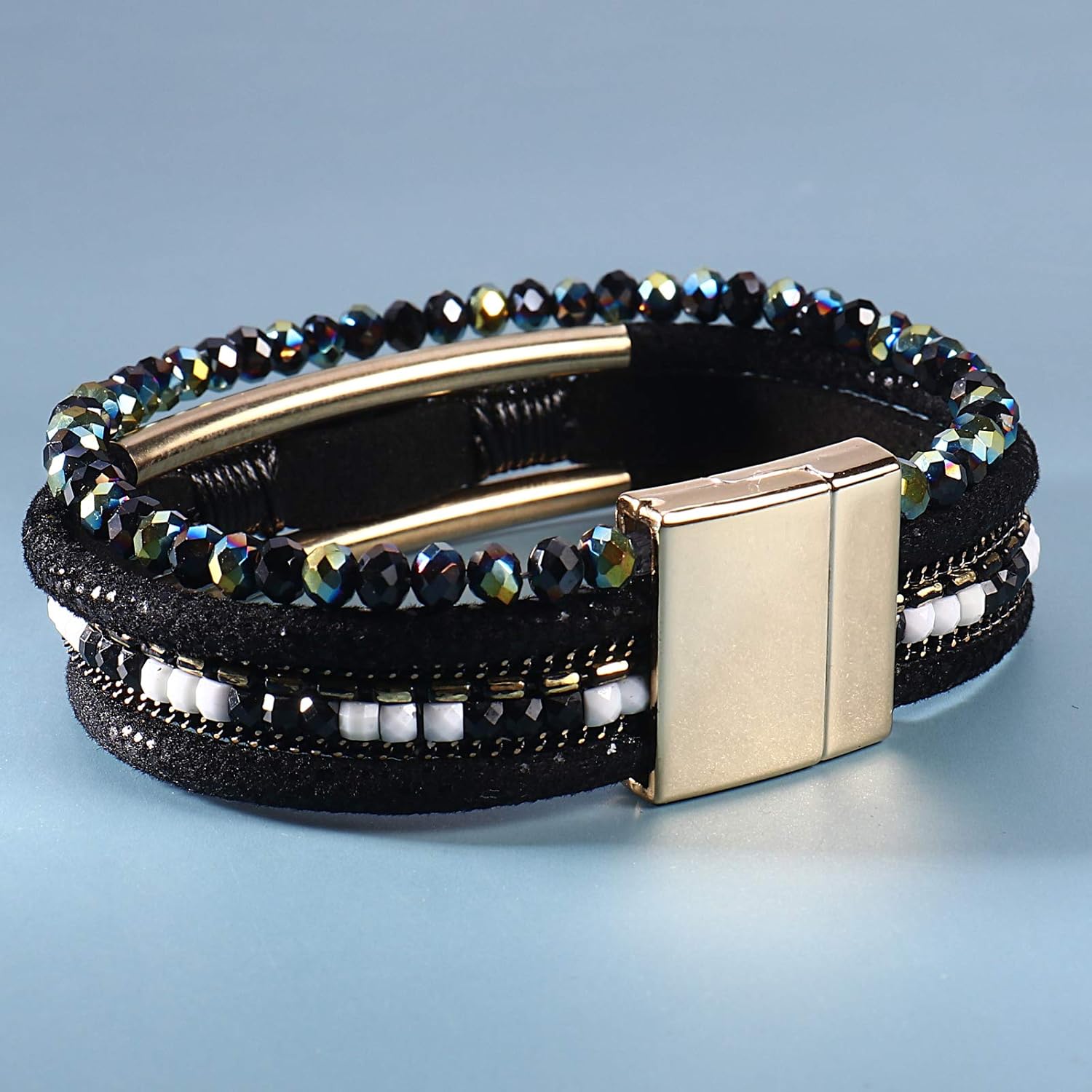Leather Wrap Bracelets Crystal Beads Bracelet Boho Cuff Stone Charm Bracelets with Clasp Costume Jewelry for Women