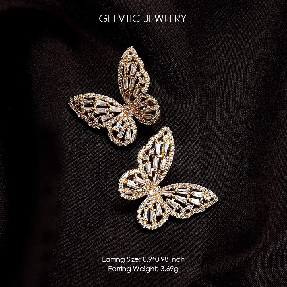 Silver Rhinestone Butterfly Earrings for Women Girls Gold Butterfly Earring Crystal CZ Cubic Zirconia Sterling Silver Cute Bow Stud for Mother Wife Lover Valentine'S Day Gift Jewelry Prom Wedding Brides