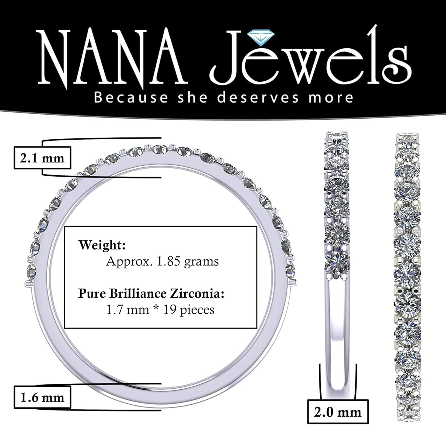 Simulated Diamond Wedding Band/Anniversary Ring Cubic Zirconia Silver Half Eternity Stackable