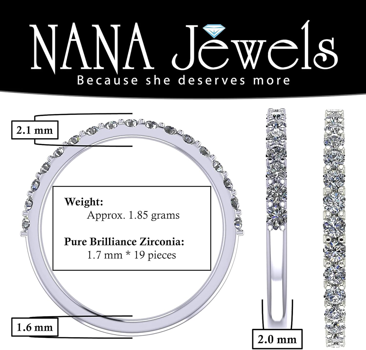 Simulated Diamond Wedding Band/Anniversary Ring Cubic Zirconia Silver Half Eternity Stackable