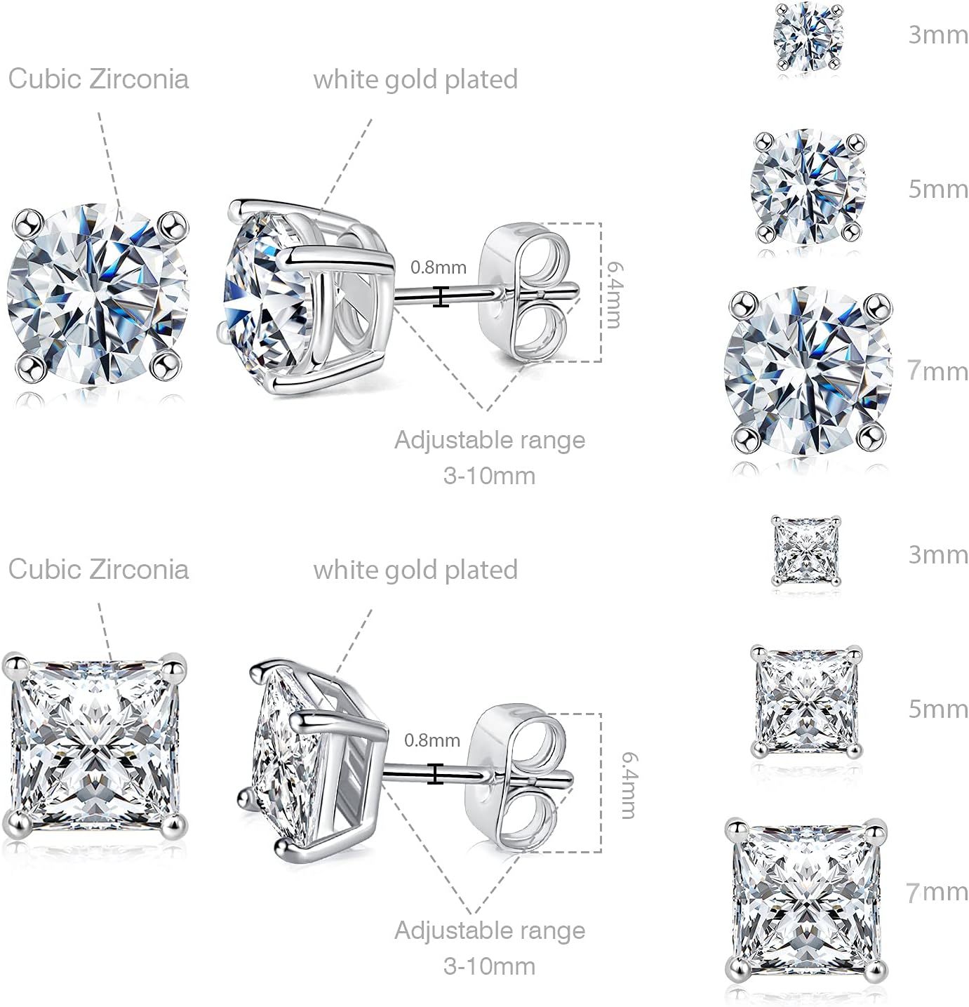 18K Gold Plated round Princess Cut Clear Cubic Zirconia Stud Earring of 6 Pairs (6 Pairs)