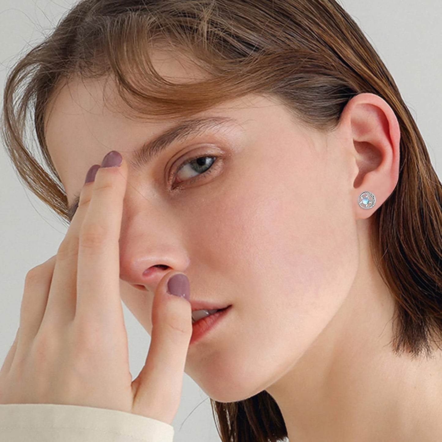 Moonstone Stud Earrings Sterling Silver Rainbow Moonstone Hypoallergenic Earrings Tiny Lightweight Piercing Stud Jewelry for Women Friend with Gifts Box