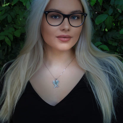 Sterling Silver Angel Wing Heart Necklace - Simulated White, Pink or Blue Opal - Meaningful Guardian Angel Gift for Women