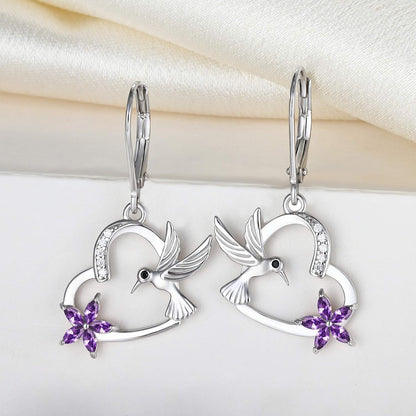 Hummingbird Heart Earrings Sterling Silver Flowers Dangle Drop Earrings Birthstones Leverback Jewelry for Women