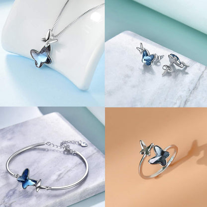 Sterling Silver Chasing Butterfly Pendant Necklace Embellished with Austrian Crystals - Fine Anniversary or Birthday Butterfly Jewelry Gift for Women - Morpho Helena Series