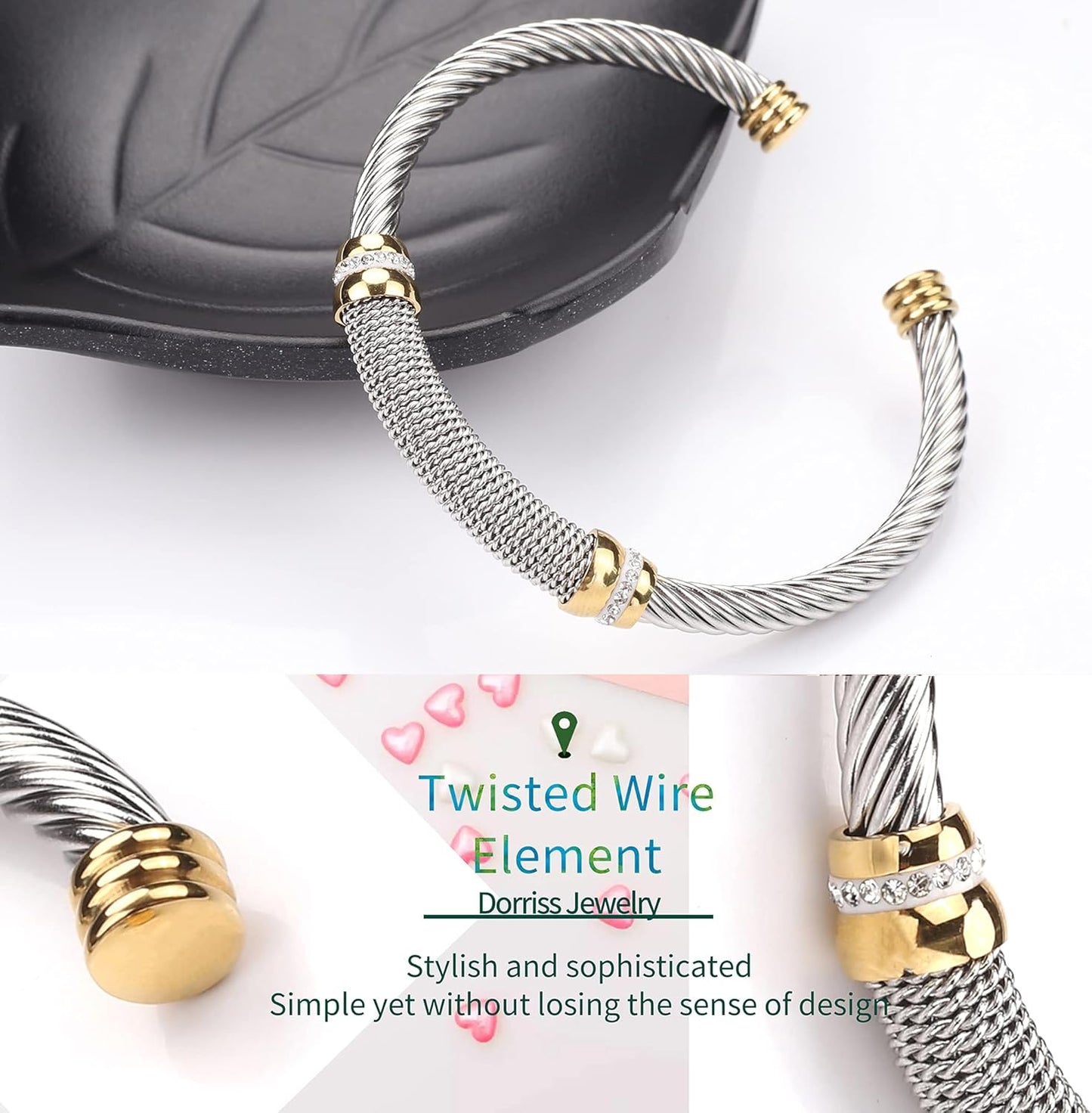 Cable Bracelet for Women Cuff Twisted Wire Vintage Ladies Bangle Bracelets Elastic Adjustable Stainless Steel Jewelry with Gift Box