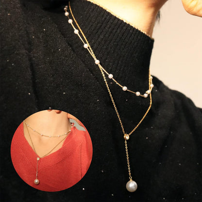 Gold Pearl Rhinestone Layered Necklaces for Women Dainty Long Drop Rhinestone Zirconia Faux Diamond Y Necklace Everyday Jewelry Gifts