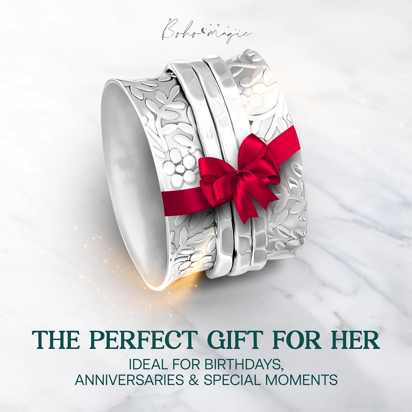 Sterling Silver Spinner Ring for Women – 925 Spinning Ring Band – Wide Band Silver Fidget Rings for Women - for Meditation, Relaxation & Comfort