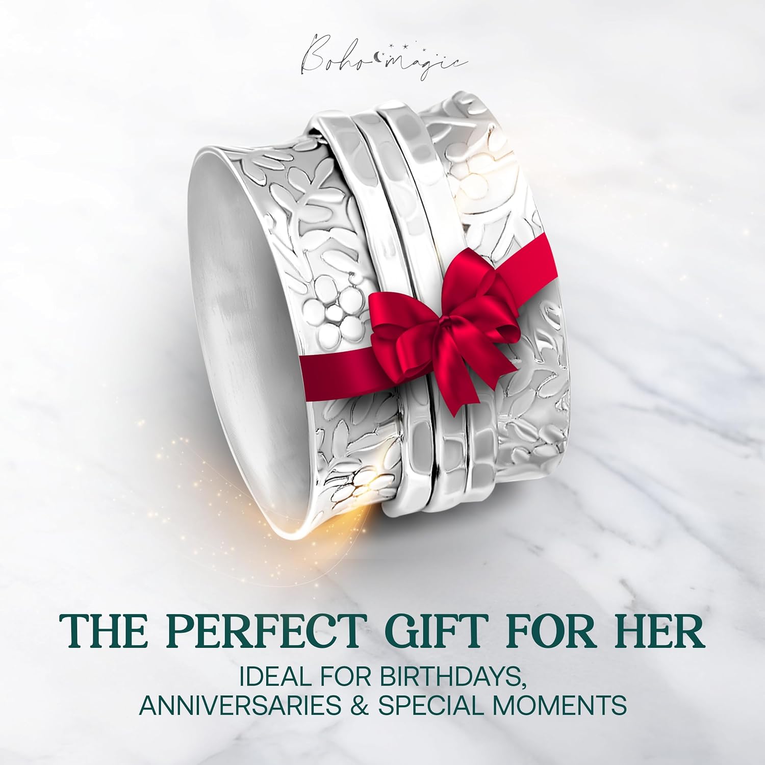 Sterling Silver Spinner Ring for Women – 925 Spinning Ring Band – Wide Band Silver Fidget Rings for Women - for Meditation, Relaxation & Comfort