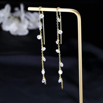 925 Sterling Silver Sparkling CZ Droplet Dangle Earrings for Women Teens Elegant Wedding Dangling Earrings Threader Tassel