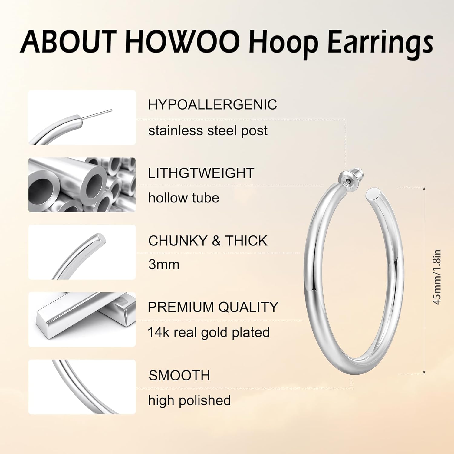 Gold Hoop Earrings for Women 14K Gold Plated Chunky Hoop Earrings for Women Thick Lightweight Earrings Jewelry Gifts
