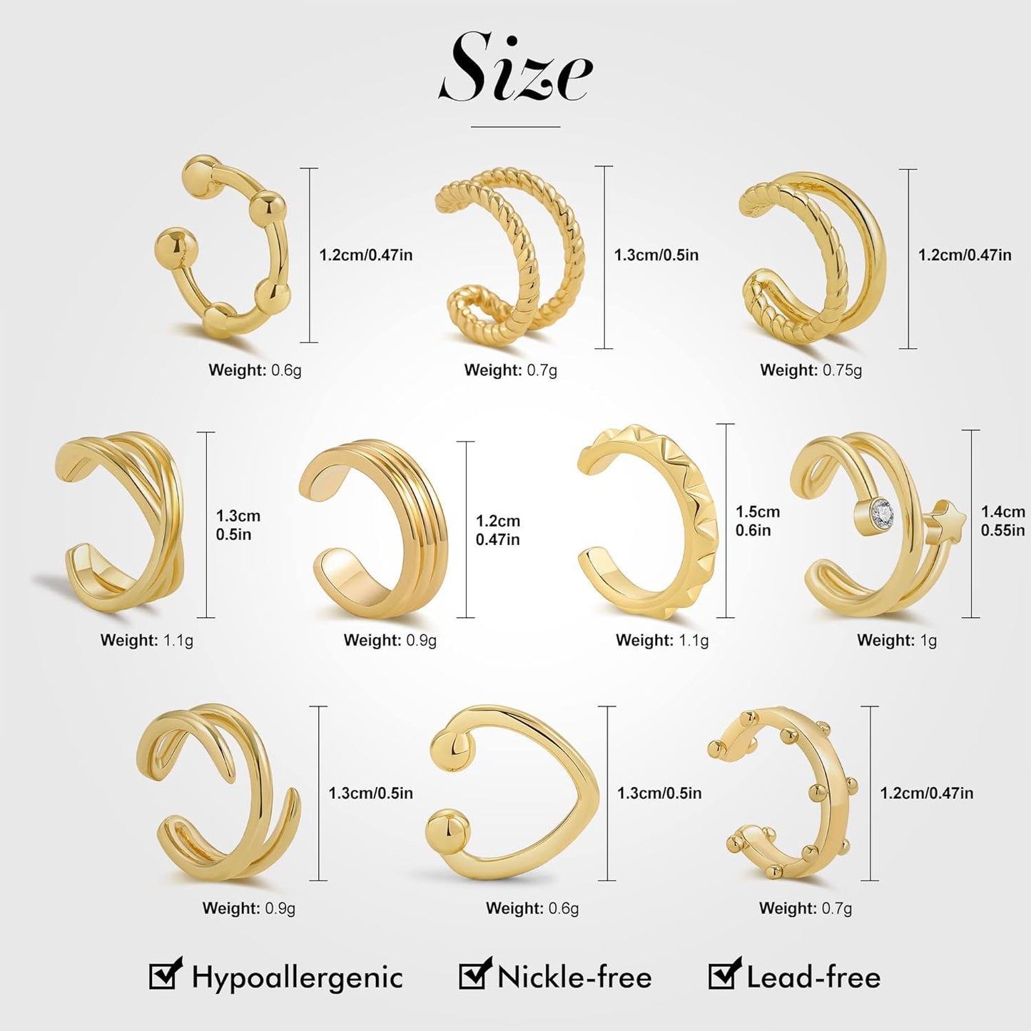 10Pcs Sparkling Ear Cuff Pack Gold Dainty Helix Earrings Huggie Stud Cuff Earrings for Women Earring Set | Clip on Cartilage Non Pierced