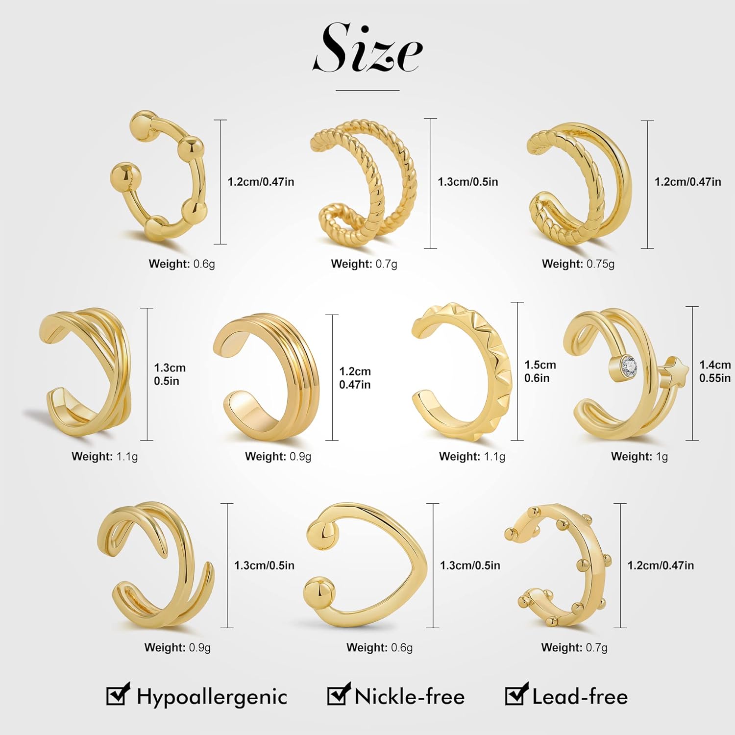 10Pcs Sparkling Ear Cuff Pack Gold Dainty Helix Earrings Huggie Stud Cuff Earrings for Women Earring Set | Clip on Cartilage Non Pierced