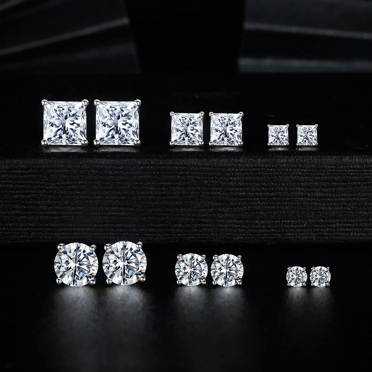 18K Gold Plated round Princess Cut Clear Cubic Zirconia Stud Earring of 6 Pairs (6 Pairs)