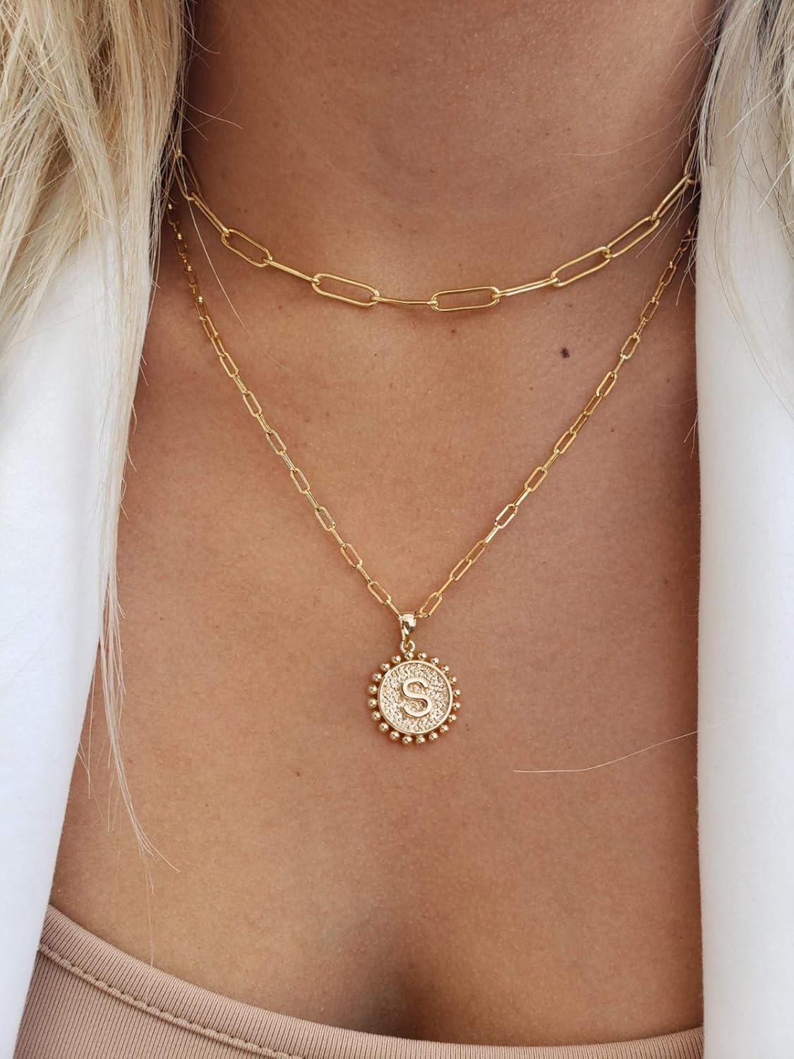 Gold Initial Necklaces for Women, 14K Gold Plated Dainty Layering Paperclip Link Chain Necklace Coin Initial Layered Necklaces for Women Personalized Birthday Gifts
