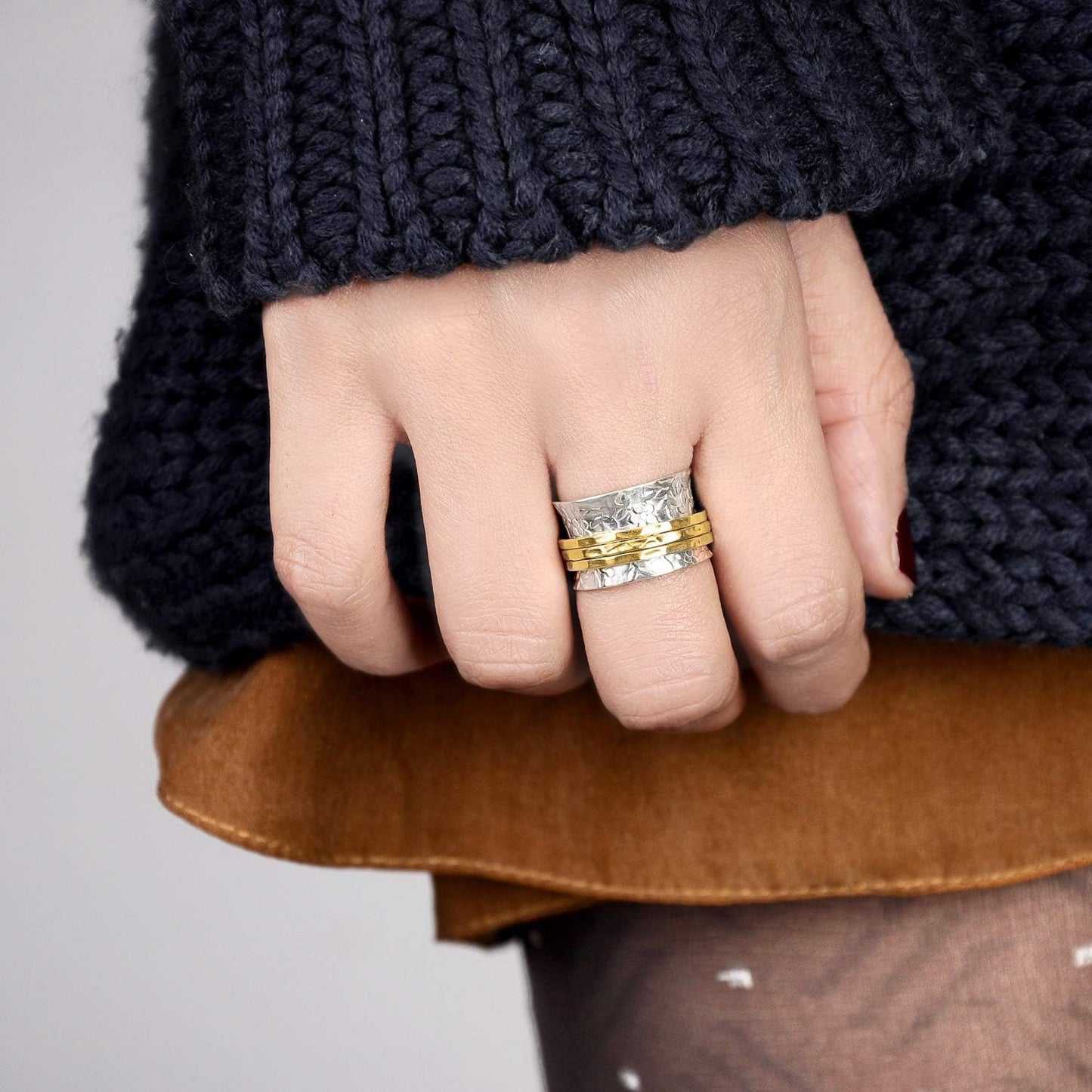925 Sterling Silver Spinner Flowers Ring for Women with 3 Brass Fidget Rings Wide Band