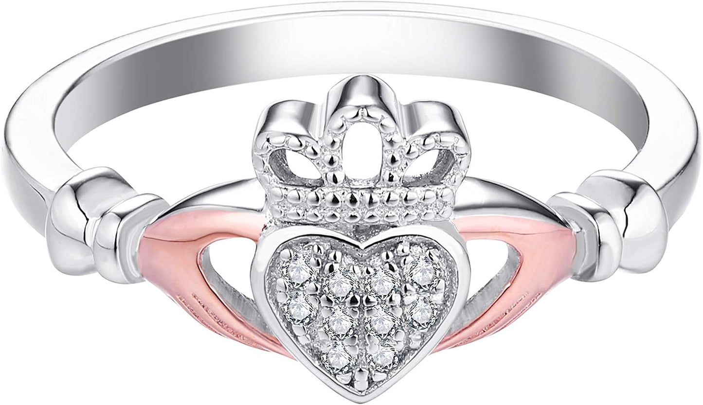 925 Sterling Silver Cubic Zirconia Rose Gold Claddagh Heart Promise Rings for Her,Birthstone Rings for Women