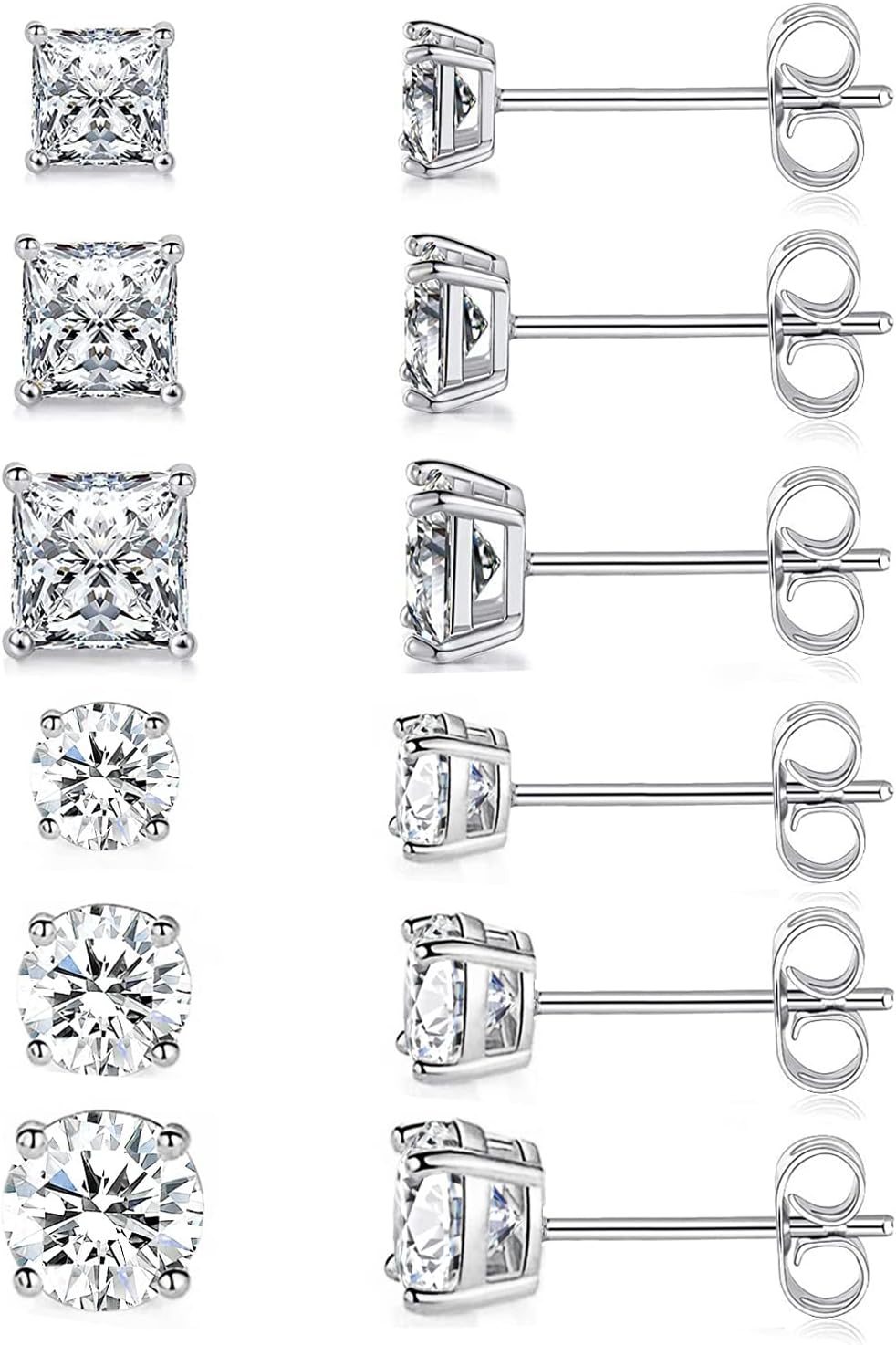 18K Gold Plated round Princess Cut Clear Cubic Zirconia Stud Earring of 6 Pairs (6 Pairs)