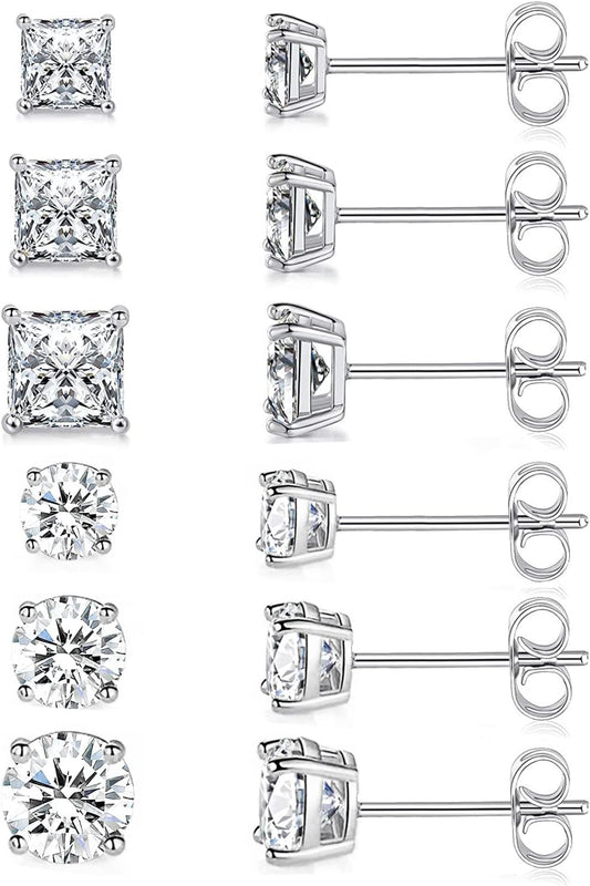 18K Gold Plated round Princess Cut Clear Cubic Zirconia Stud Earring of 6 Pairs (6 Pairs)