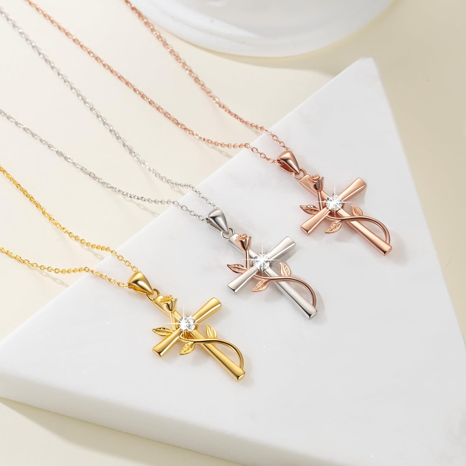 Cross Necklace for Women Sterling Silver Cross Necklaces Pendant White/Rose/Gold Plated Cubic Zirconia Flower Necklace Gifts for Women