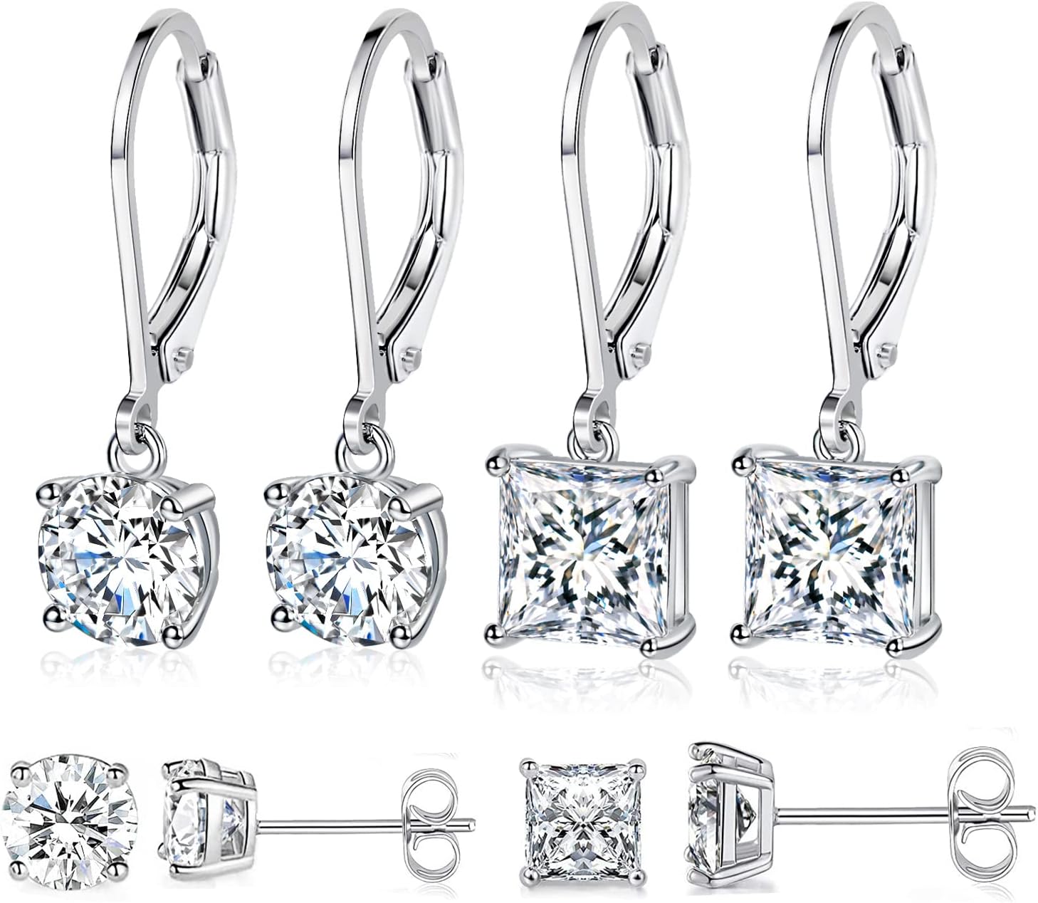 18K White Gold Plated round Princess Cut Clear Cubic Zirconia Tear Drop Dangle Earrings for Women Hypoallergenic