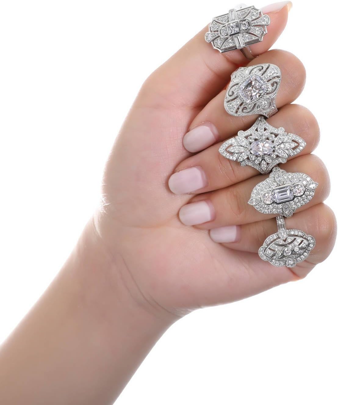 Sterling Silver CZ Navette Statement Cocktail Rings for Women, Art Deco Cubic Zirconia Ring