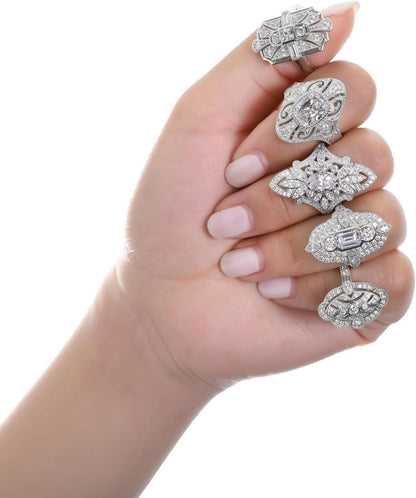 Sterling Silver CZ Navette Statement Cocktail Rings for Women, Art Deco Cubic Zirconia Ring