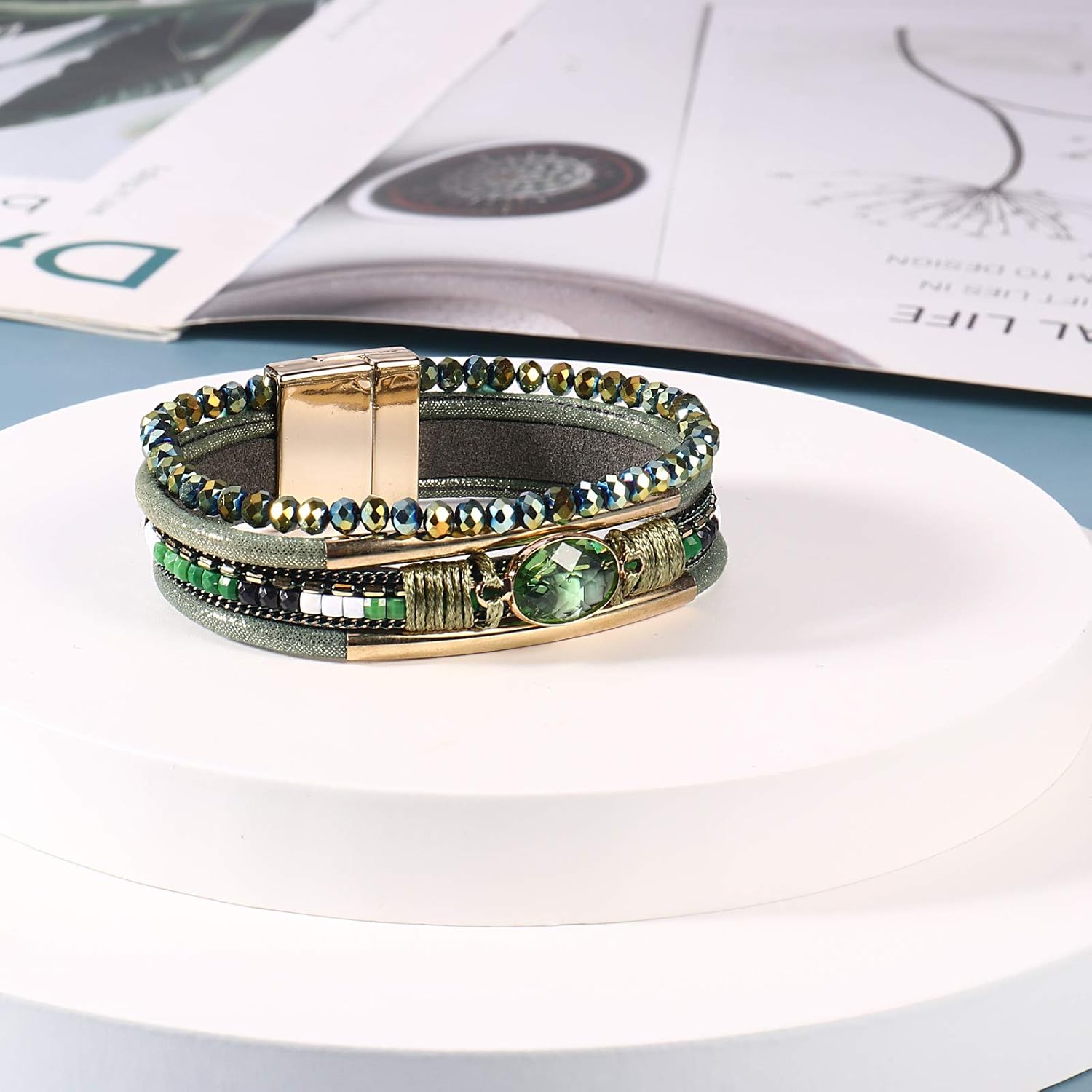 Leather Wrap Bracelets Crystal Beads Bracelet Boho Cuff Stone Charm Bracelets with Clasp Costume Jewelry for Women