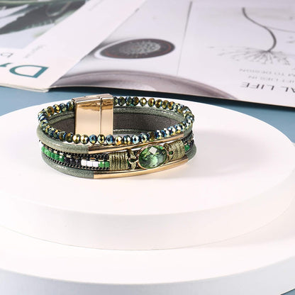 Leather Wrap Bracelets Crystal Beads Bracelet Boho Cuff Stone Charm Bracelets with Clasp Costume Jewelry for Women