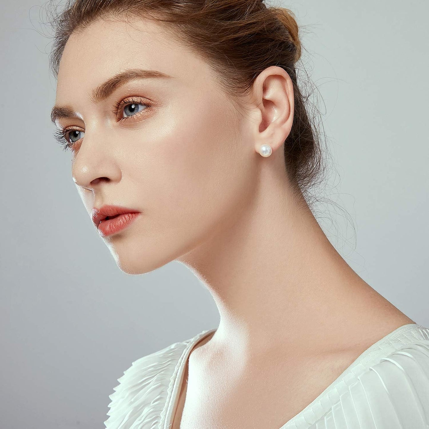 14K Gold AAA+ Handpicked round Freshwater Cultured White Pearl Stud Earrings for Women Girls