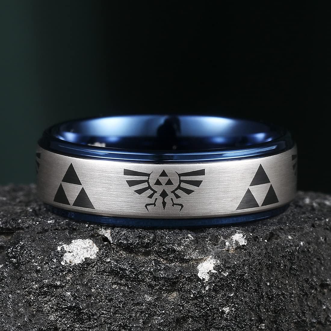 8Mm Mens Black/Blue Tungsten Carbide Wedding Ring Game-Themed Laser Pattern Ring Matte Finished Plated Stepped Beveled Edges