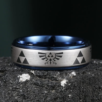 8Mm Mens Black/Blue Tungsten Carbide Wedding Ring Game-Themed Laser Pattern Ring Matte Finished Plated Stepped Beveled Edges