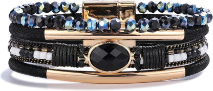 Leather Wrap Bracelets Crystal Beads Boho Cuff Stone Charm Bracelets with Clasp Costume Jewelry for Women