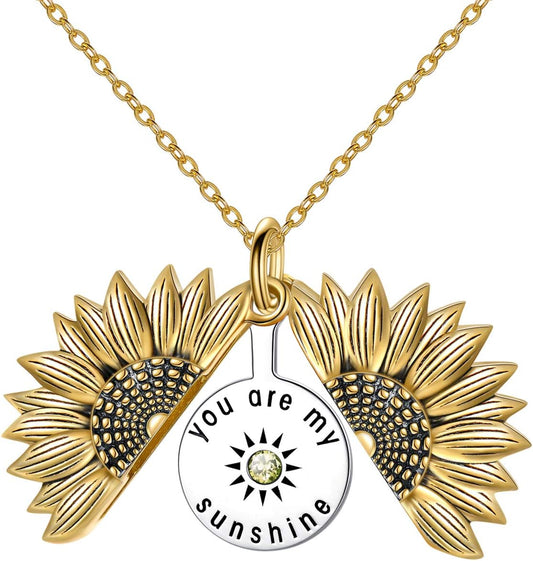 Sterling Silver Sunflower Locket Necklace You Are My Sunshine with Birthstone Engraved Pendant Necklaces Birthday Gift for Her