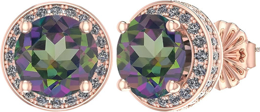 Round Halo Birthstone Stud Earrings 6.5Mm Sterling Silver Pure Brilliance Zirconia & Simulated Gemstones
