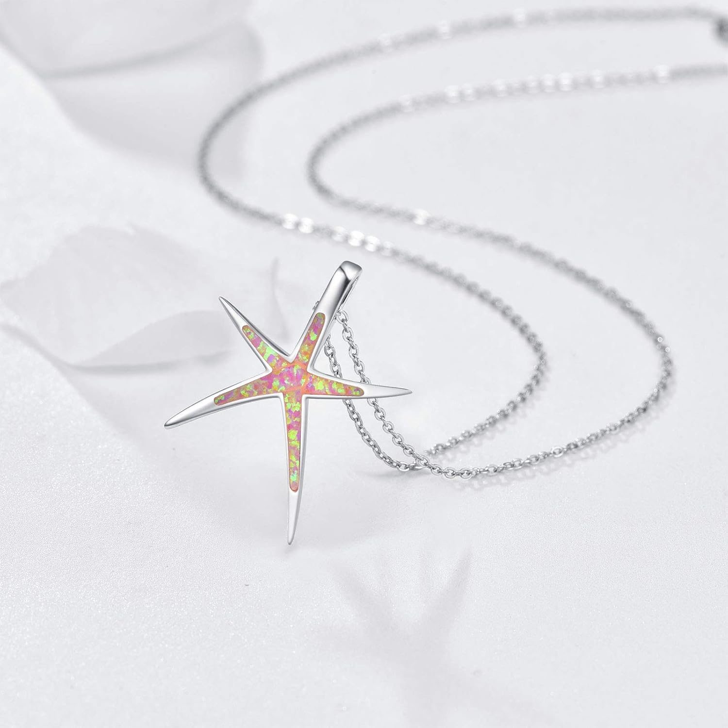 Starfish Necklace, 925 Sterling Silver with Opal, Hawaiian Beach Nautical Ocean Pendant, Starfish Jewelry Opal Jewelry Valentine for Women Girlfriend