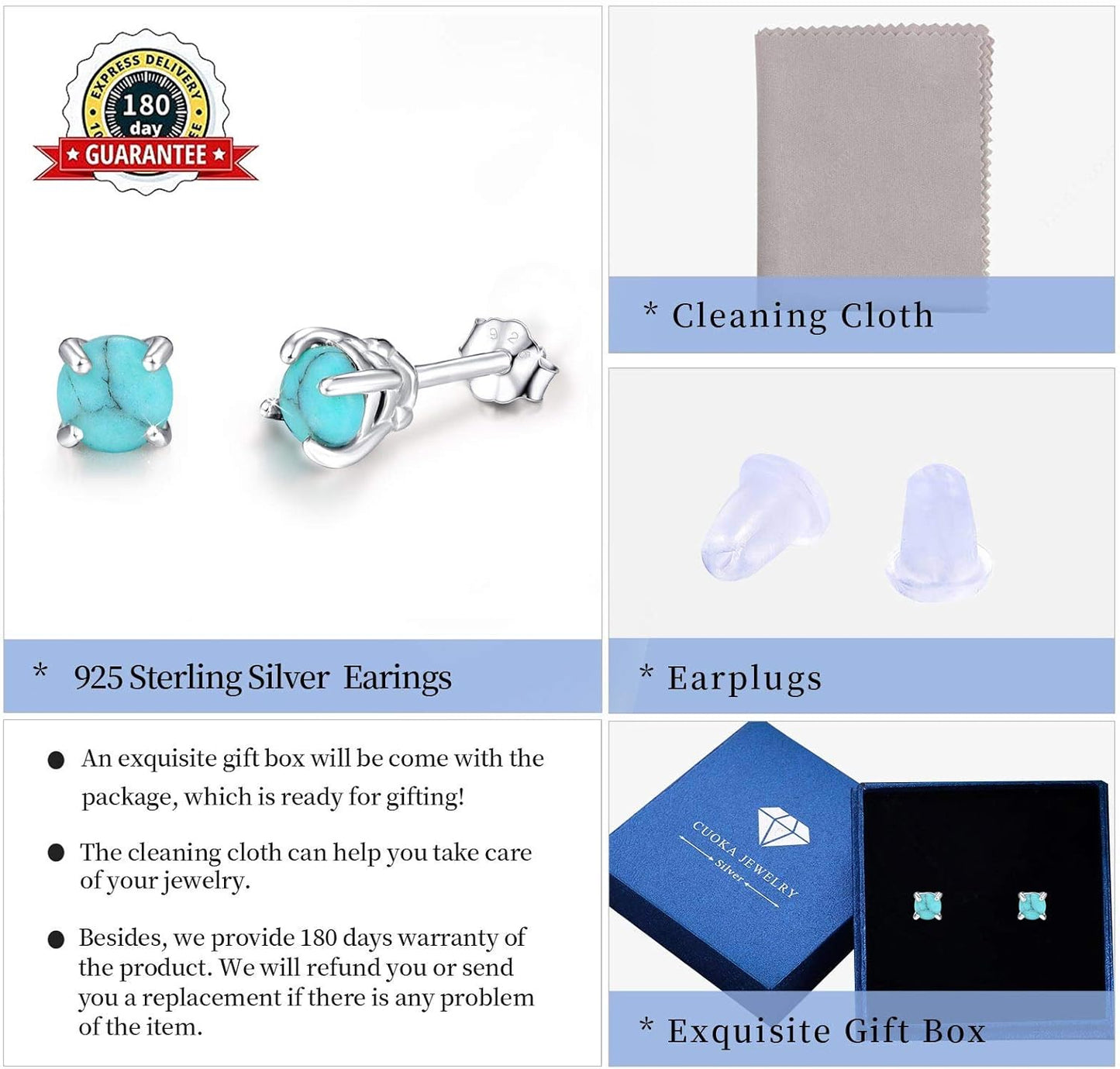 Turquoise Studs Earrings, 925 Sterling Silver 4Mm/6Mm round Shape Tiny Studs, Turquoise Jewelry Present for Women Girlfriend