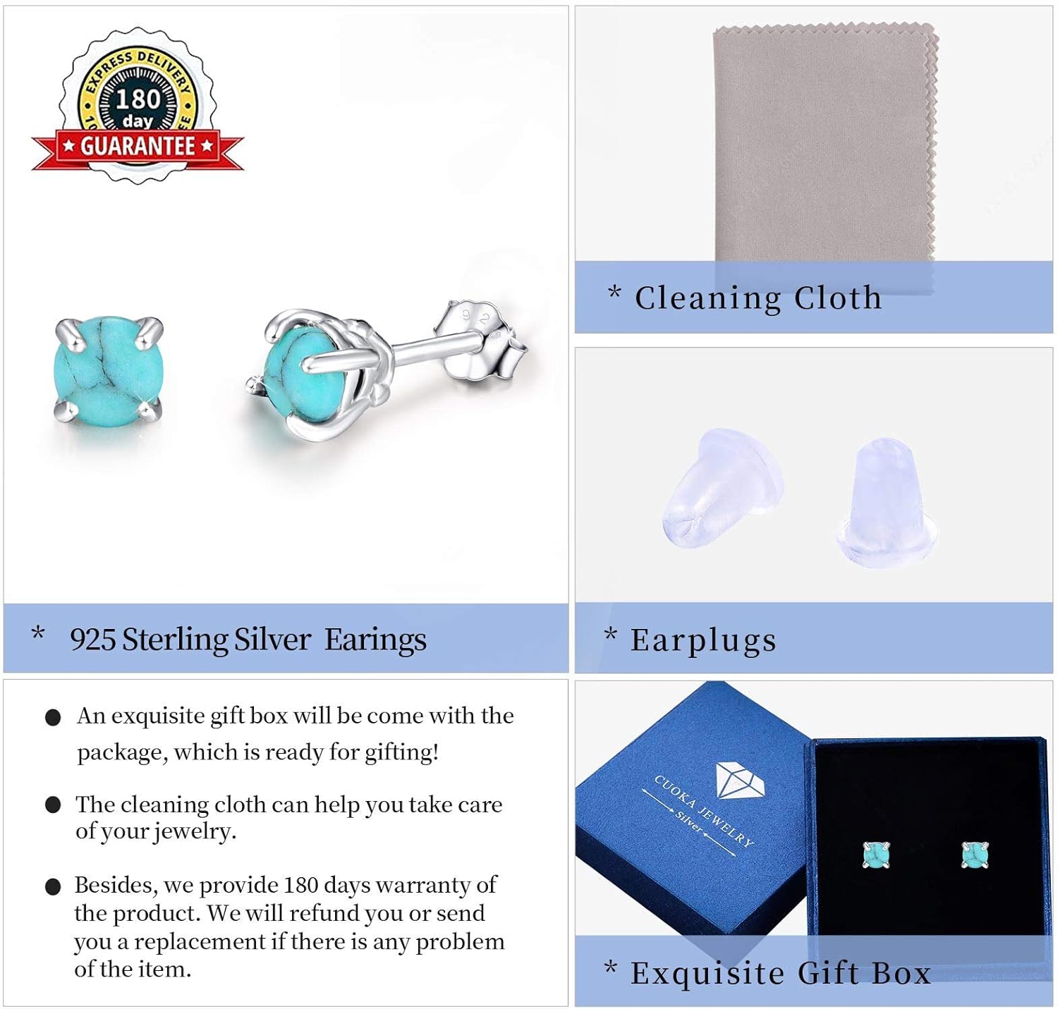Turquoise Studs Earrings, 925 Sterling Silver 4Mm/6Mm round Shape Tiny Studs, Turquoise Jewelry Present for Women Girlfriend