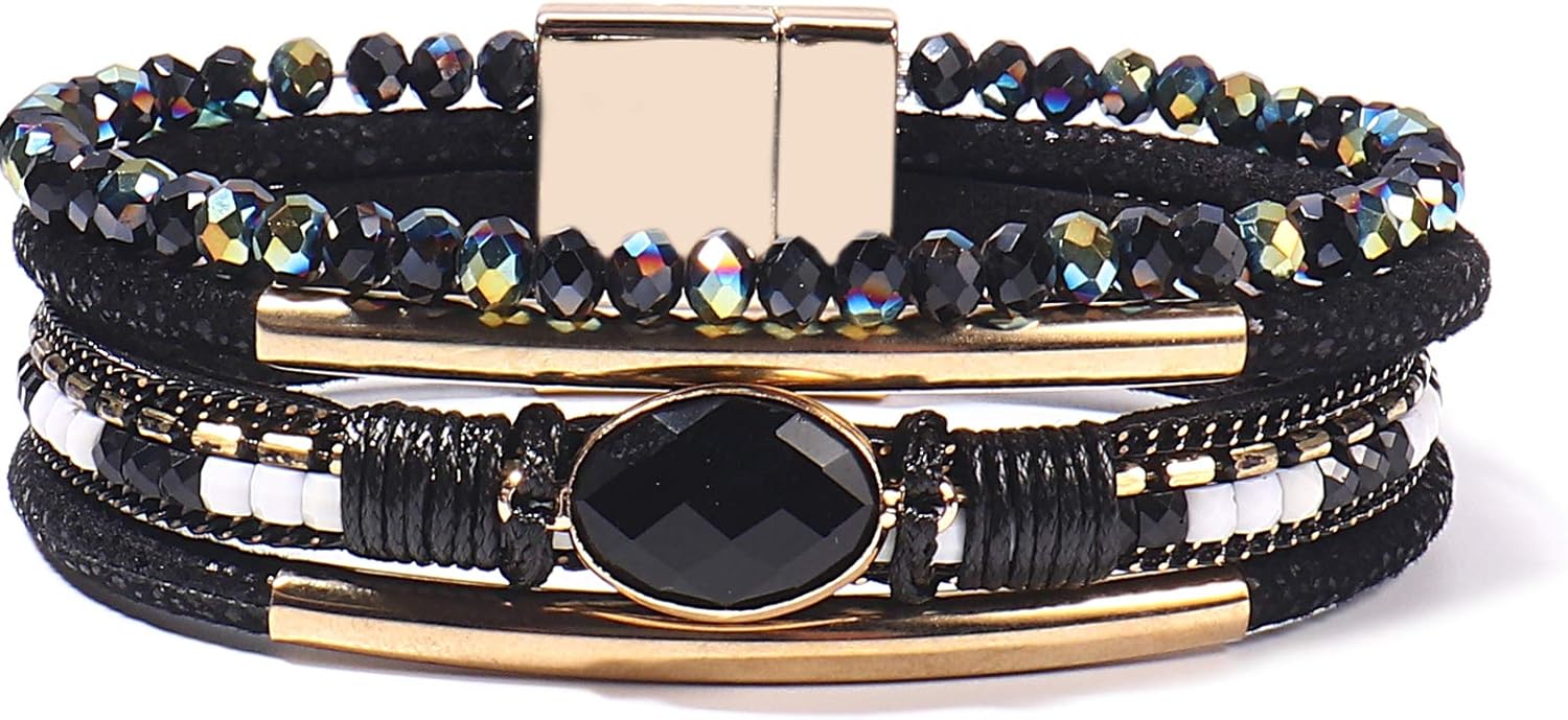 Leather Wrap Bracelets Crystal Beads Bracelet Boho Cuff Stone Charm Bracelets with Clasp Costume Jewelry for Women