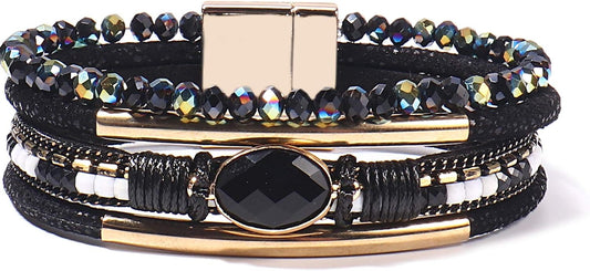 Leather Wrap Bracelets Crystal Beads Bracelet Boho Cuff Stone Charm Bracelets with Clasp Costume Jewelry for Women