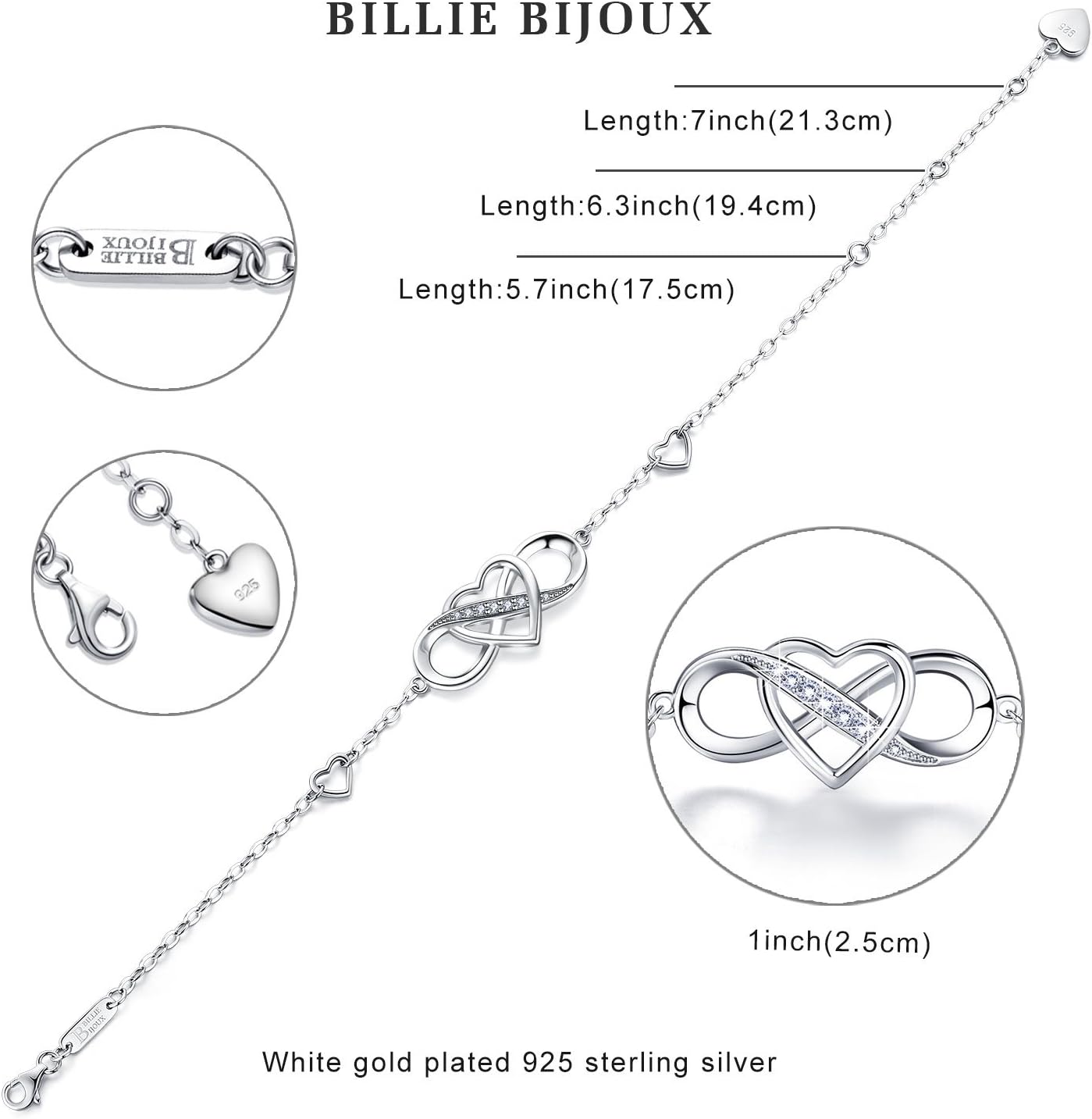 Women Bracelets 925 Sterling Silver Infinity Heart White Gold Plated Cubic Zirconia Adjustable Bracelet Best Gifts for Women