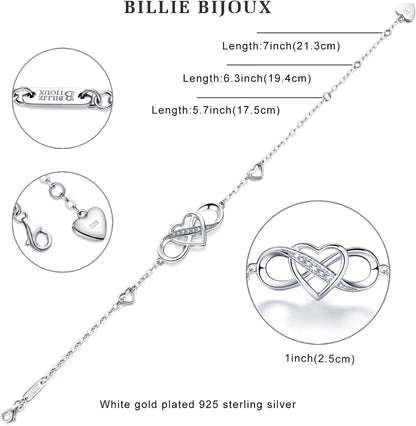 Women Bracelets 925 Sterling Silver Infinity Heart White Gold Plated Cubic Zirconia Adjustable Bracelet Best Gifts for Women